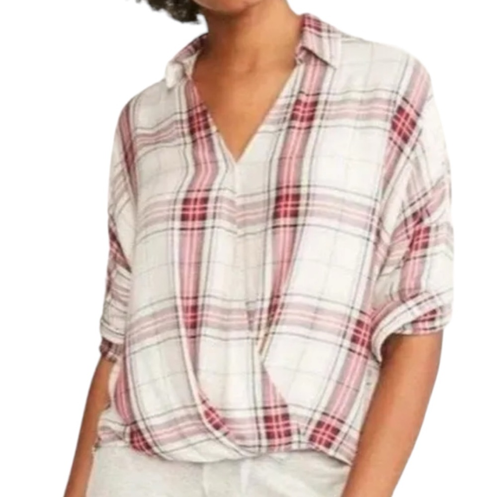 Lou & Grey Plaid High Low Twist Wrap Front Long Sleeve Top size women's small